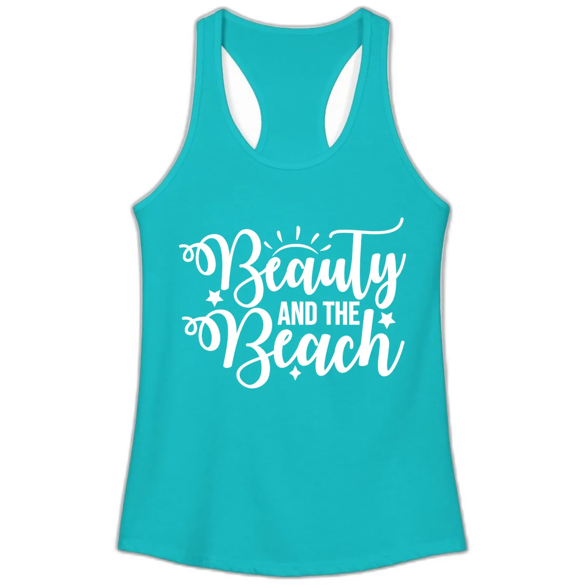 Beauty And The Beach Slogan Design Ladies Tank in Tahiti Blue