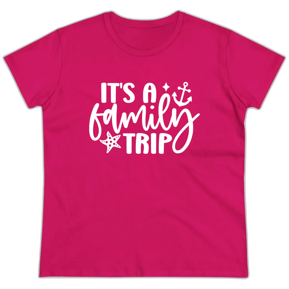 It's A Family Trip Cruise Design Ladies Tee in Heliconia