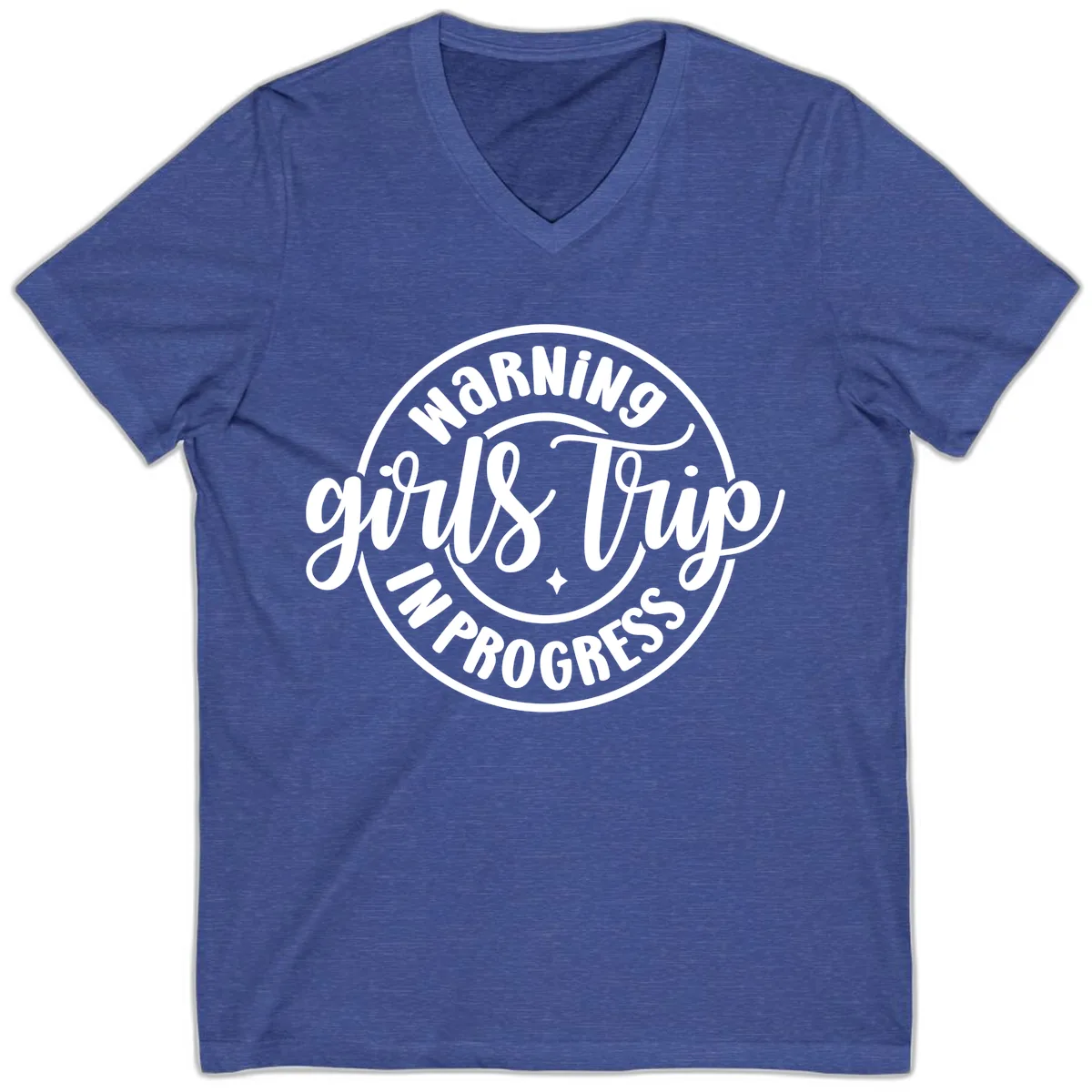 Girls Trip In Progress Warning V-Neck in Heather True Royal