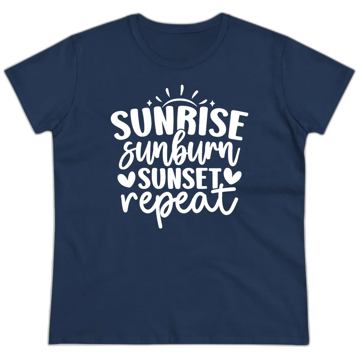 Sunrise Sunburn Sunset Repeat Ladies Tee in Navy
