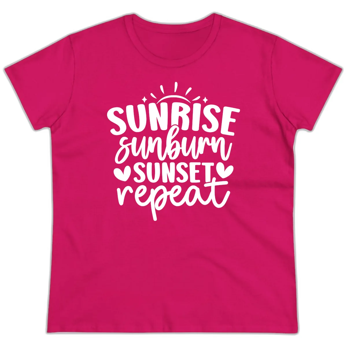 Sunrise Sunburn Sunset Repeat Ladies Tee in Heliconia