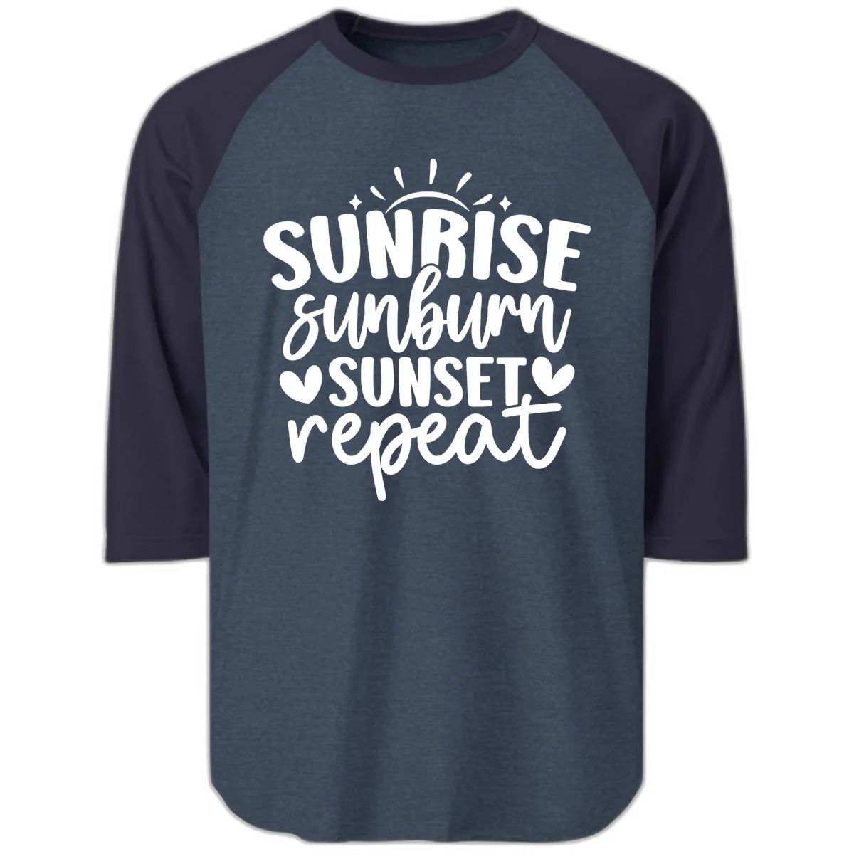 Sunrise Sunburn Sunset Repeat Raglan 3/4 in Heather Denim Navy