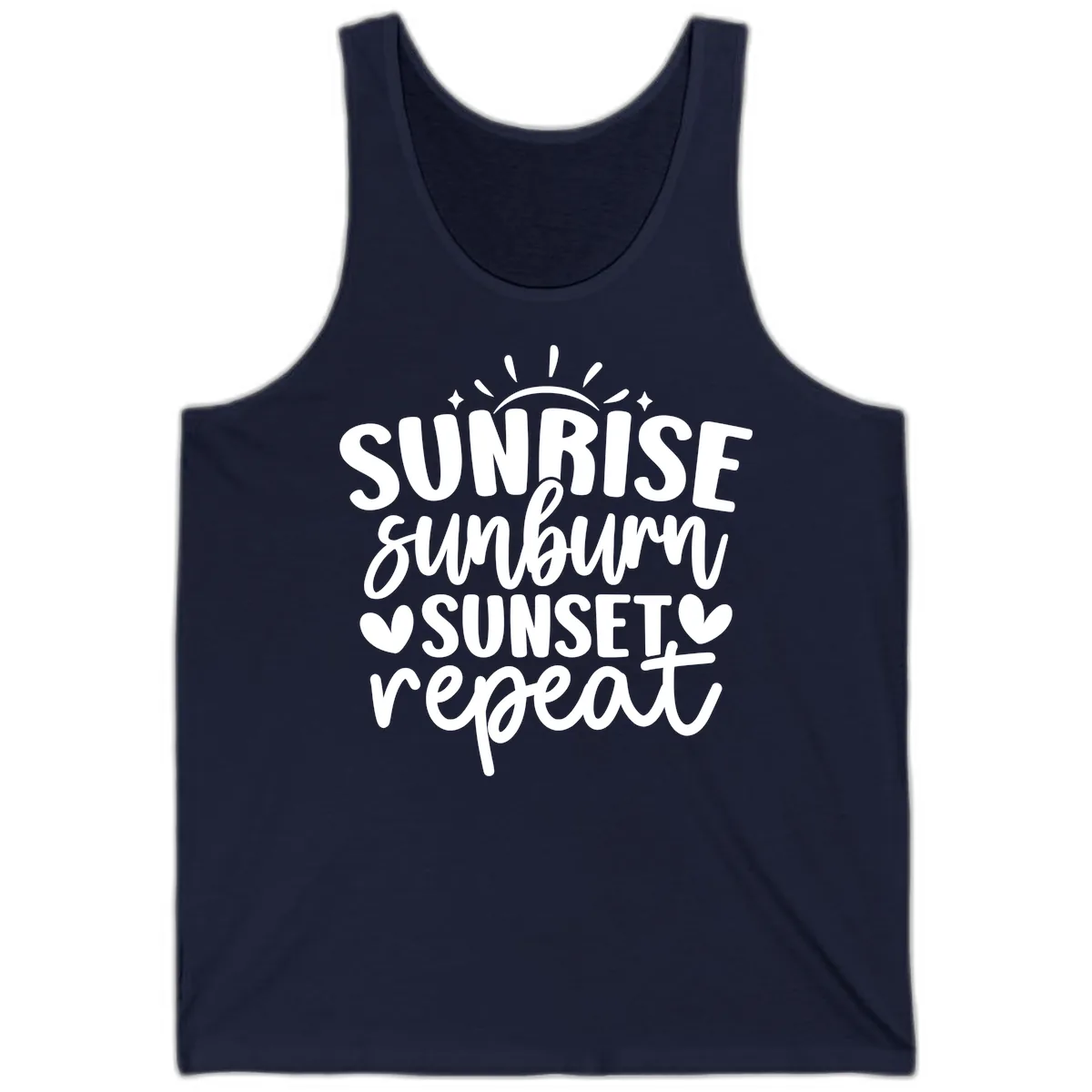 Sunrise Sunburn Sunset Repeat Tank in Navy