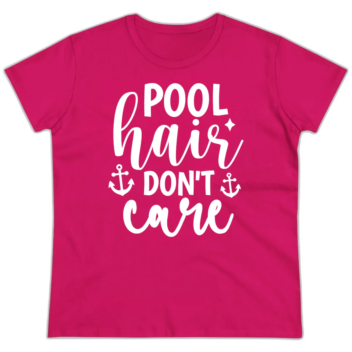 Pool Hair Don't Care Slogan Ladies Tee in Heliconia