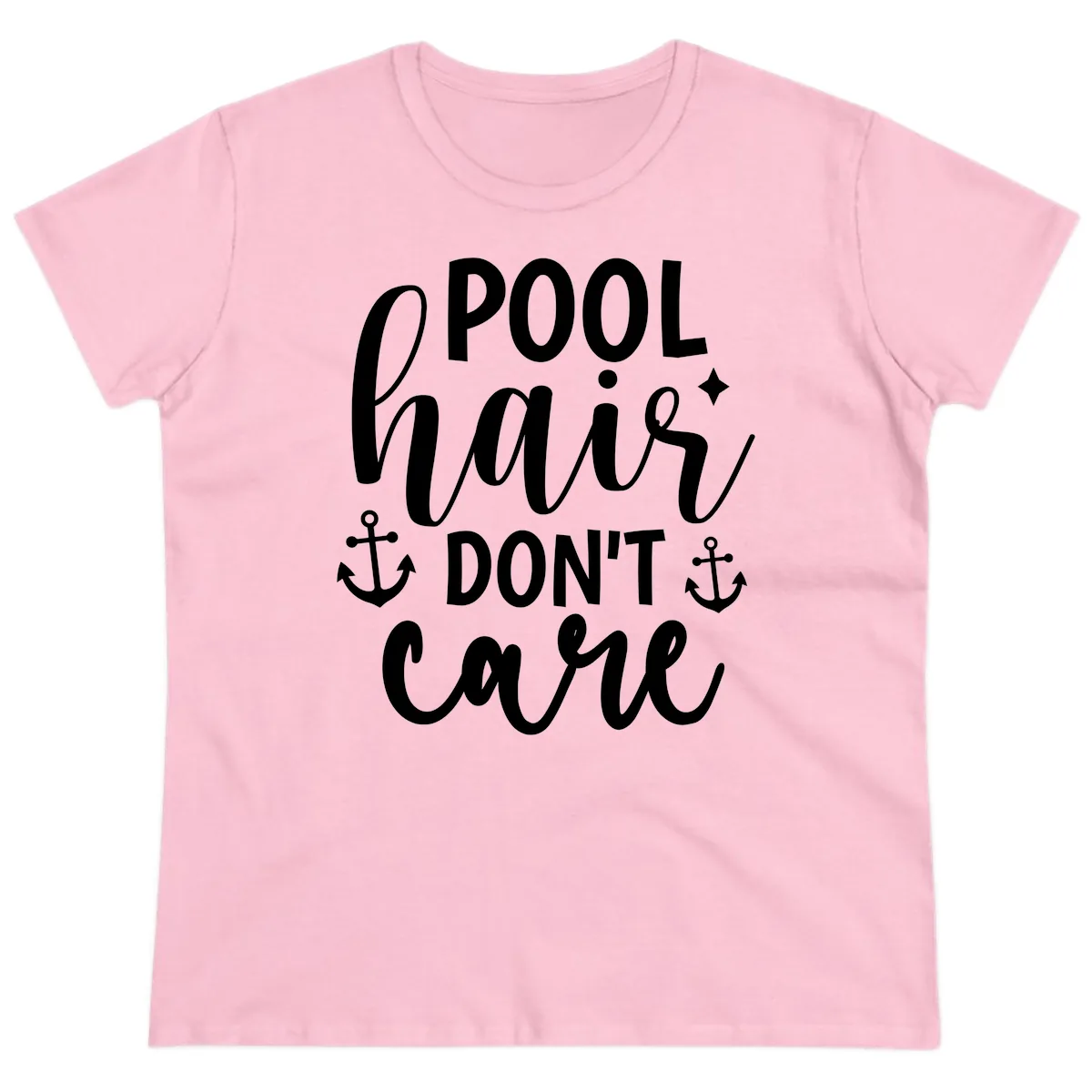 Pool Hair Don't Care Slogan Ladies Tee in Light Pink