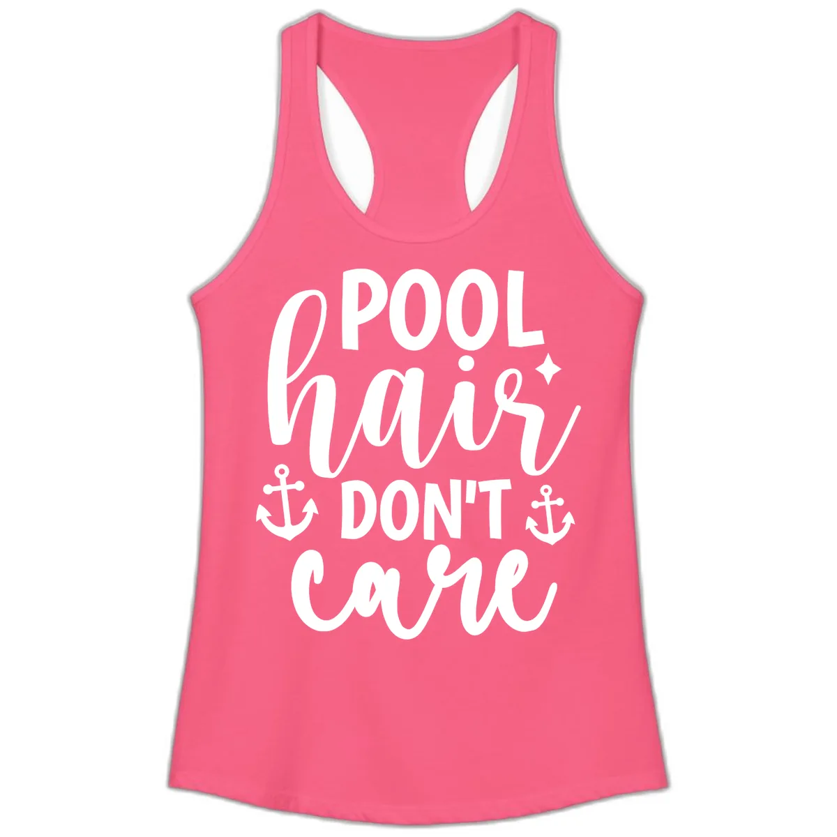 Pool Hair Don't Care Slogan Ladies Tank in Solid Hot Pink