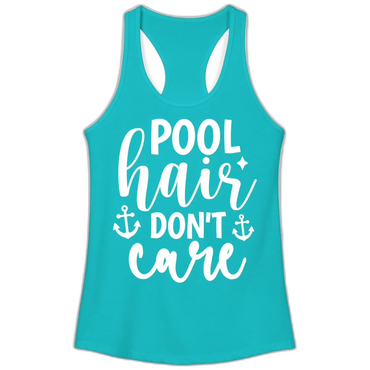 Pool Hair Don't Care Slogan Ladies Tank in Tahiti Blue
