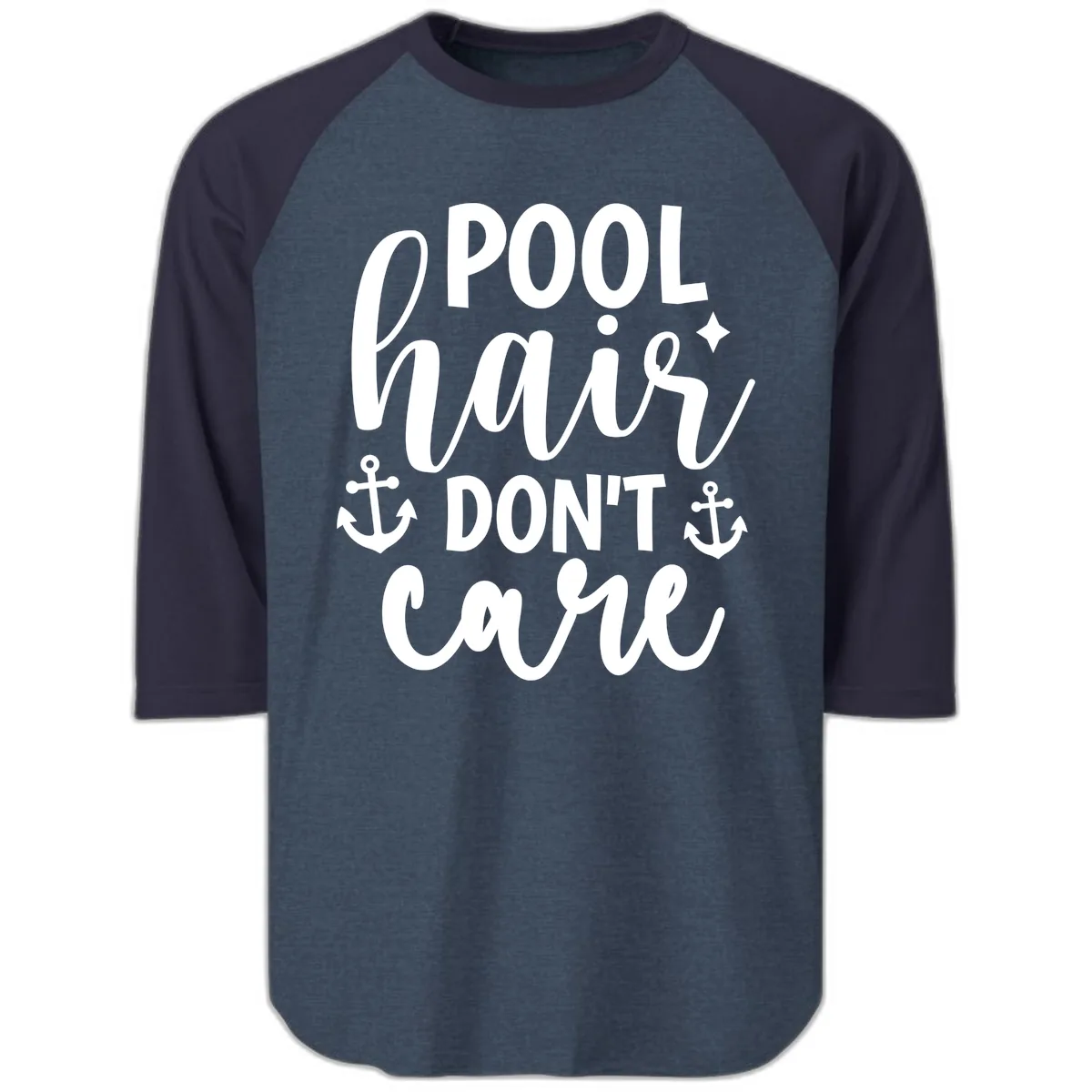 Pool Hair Don't Care Slogan Raglan 3/4 in Heather Denim Navy