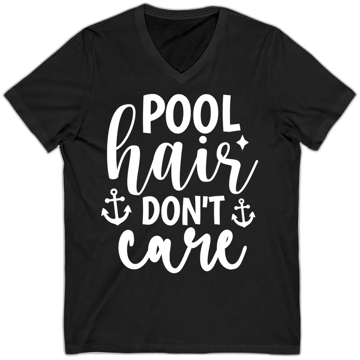 Pool Hair Don't Care Slogan V-Neck in Black