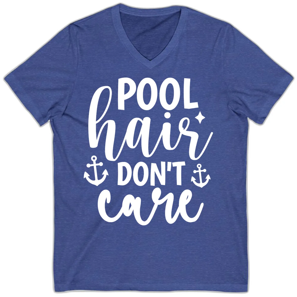 Pool Hair Don't Care Slogan V-Neck in Heather True Royal