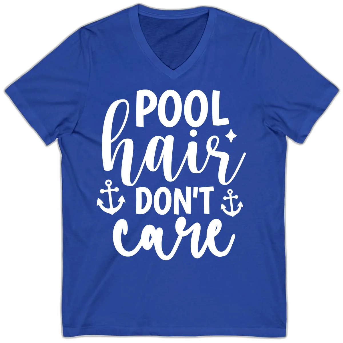 Pool Hair Don't Care Slogan V-Neck in True Royal
