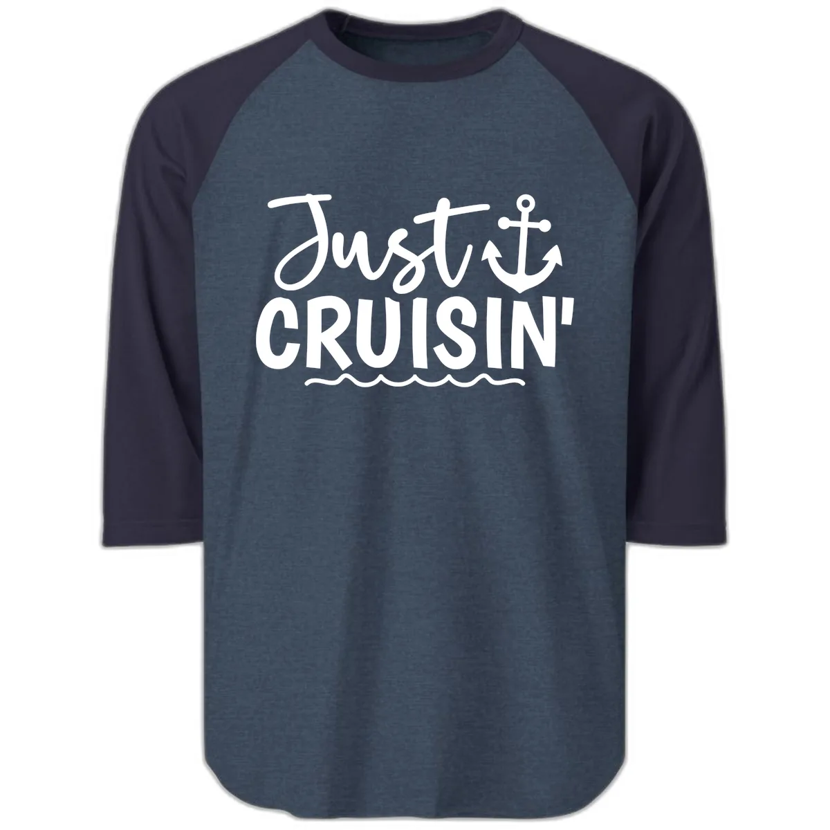 Just Cruisin Anchor Design Raglan 3/4 in Heather Denim Navy
