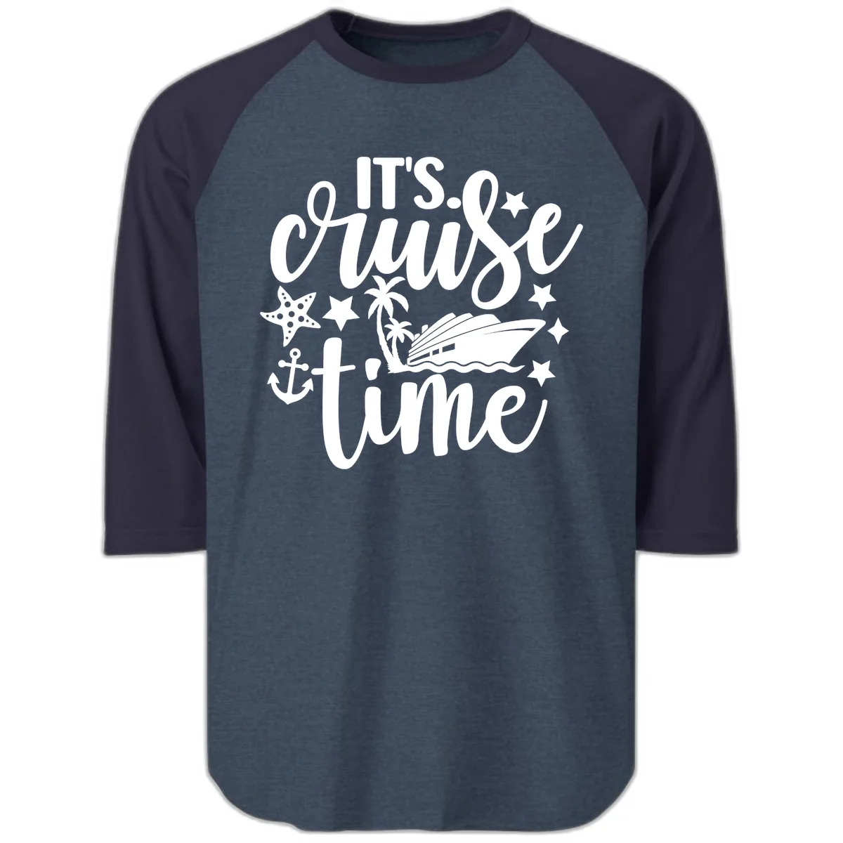 It's Cruise Time Nautical Design Raglan 3/4 in Heather Denim Navy