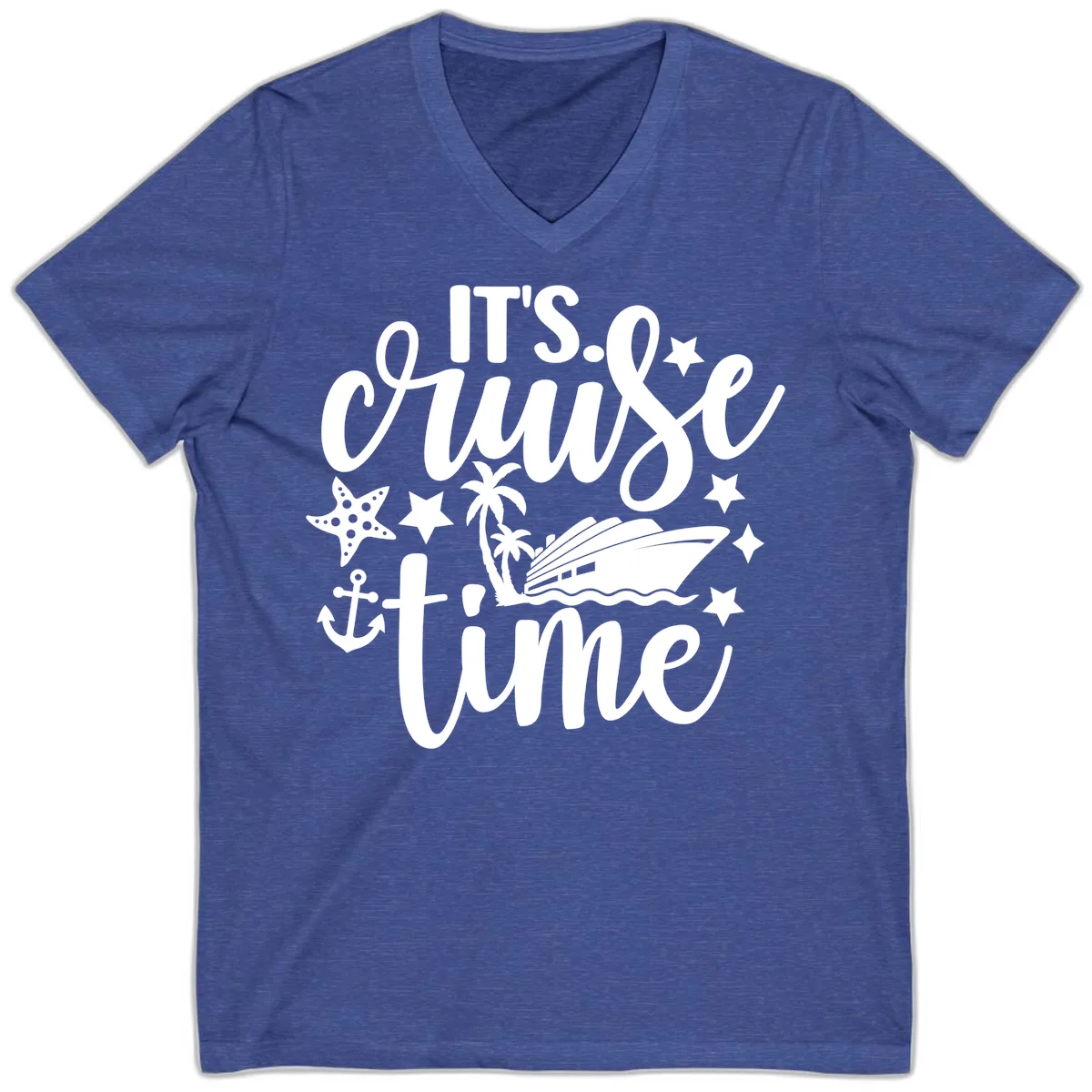 It's Cruise Time Nautical Design V-Neck in Heather True Royal