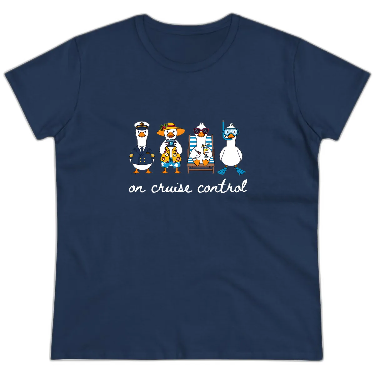 Ducks On Cruise Control Design Ladies Tee in Navy