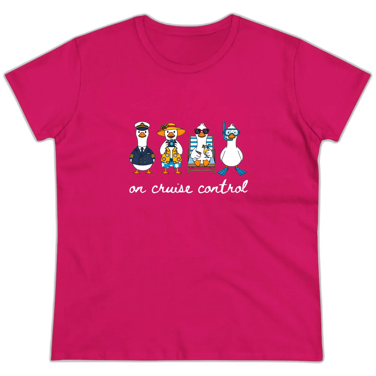 Ducks On Cruise Control Design Ladies Tee in Heliconia