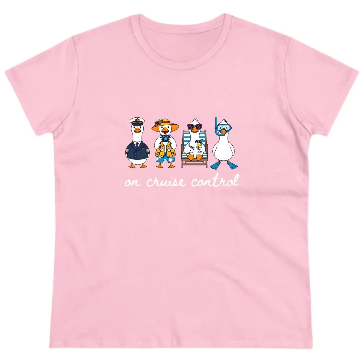 Ducks On Cruise Control Design Ladies Tee in Light Pink