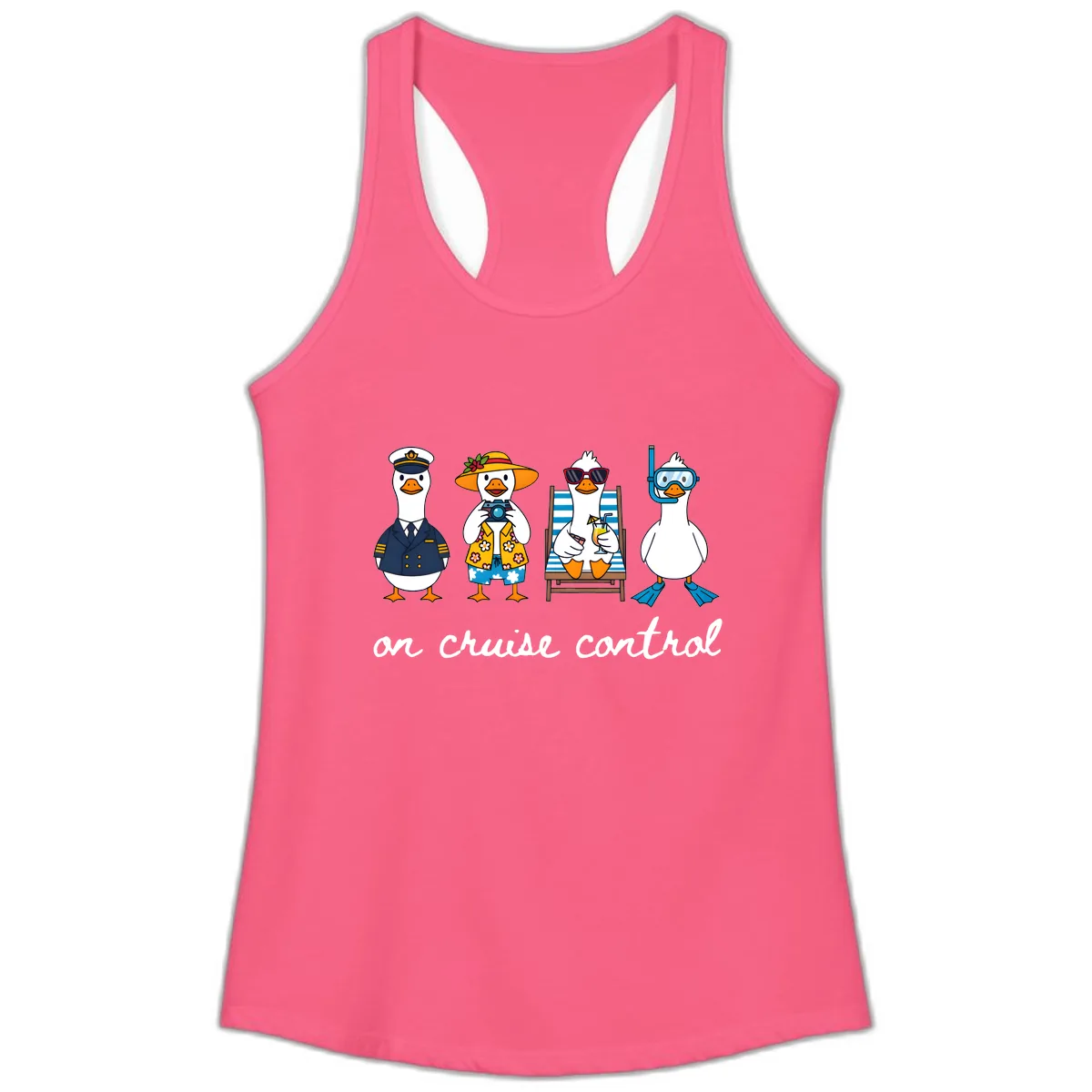 Ducks On Cruise Control Design Ladies Tank in Solid Hot Pink