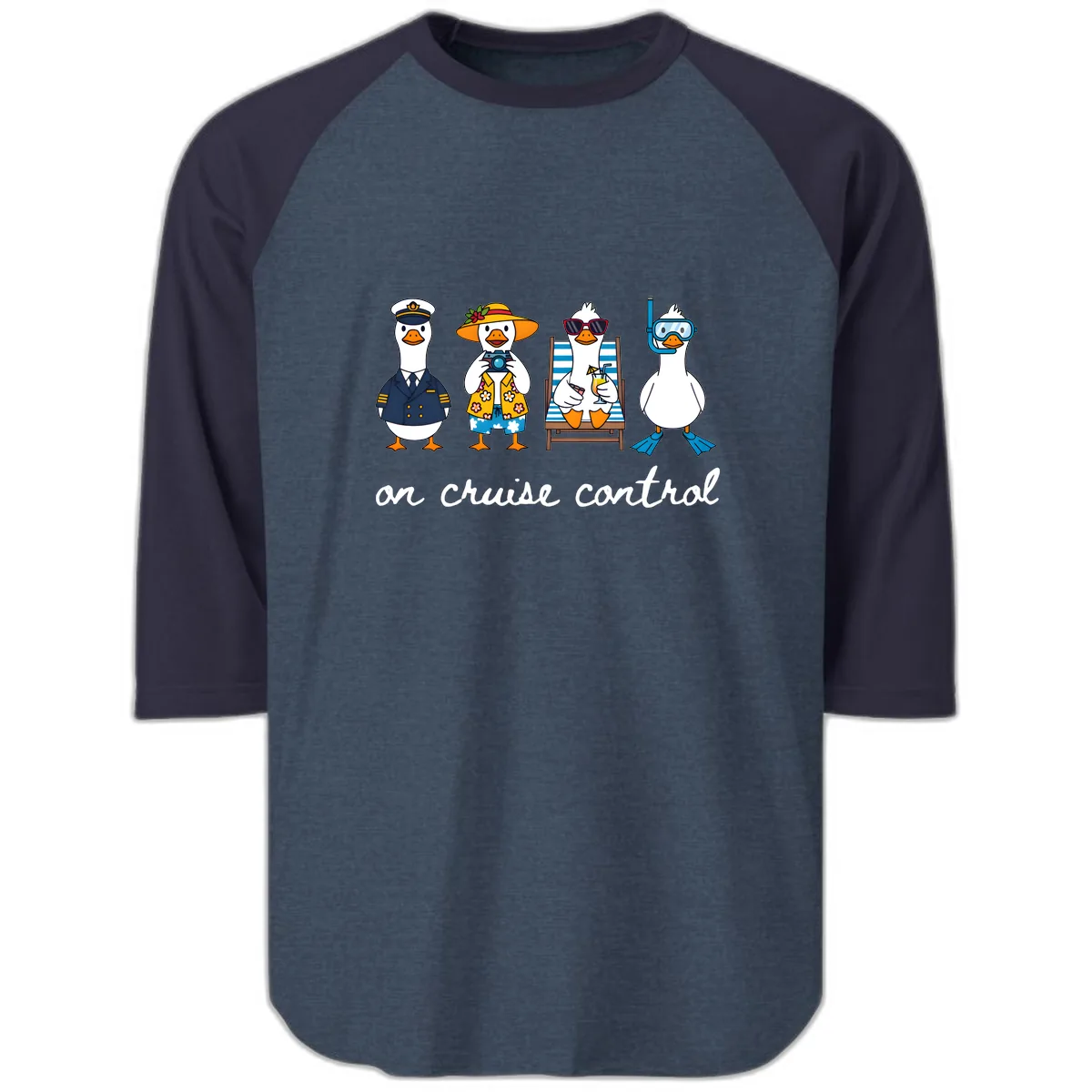 Ducks On Cruise Control Design Raglan 3/4 in Heather Denim Navy