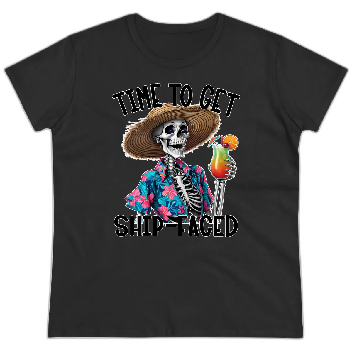 Time To Get Ship Faced Skeleton Ladies Tee in Black