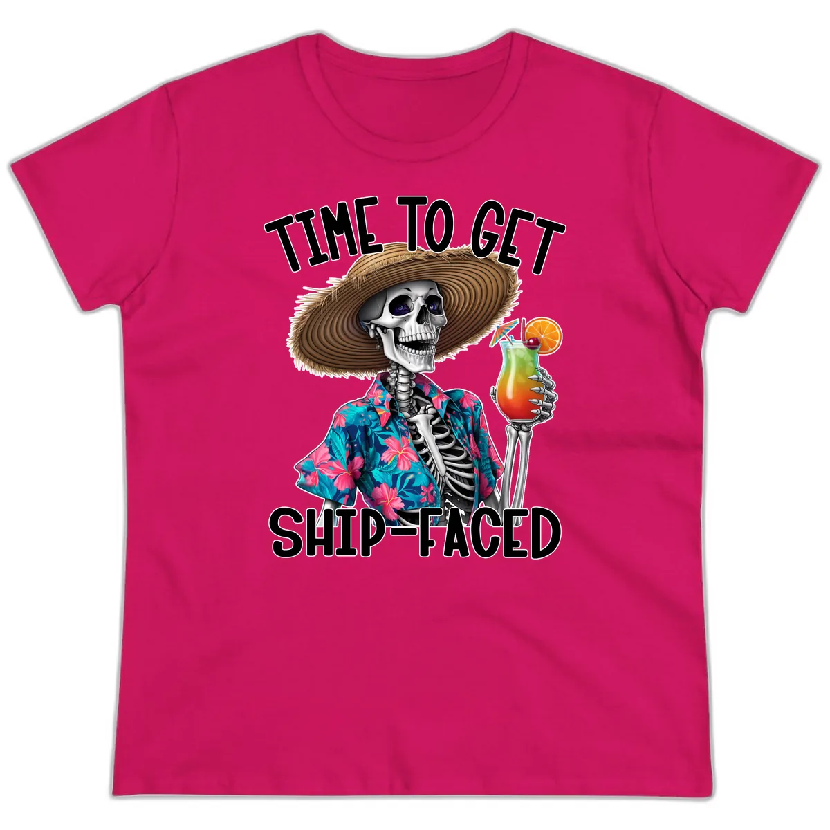 Time To Get Ship Faced Skeleton Ladies Tee in Heliconia