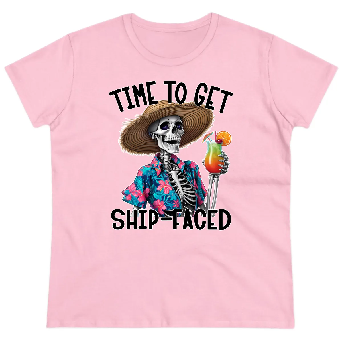 Time To Get Ship Faced Skeleton Ladies Tee in Light Pink