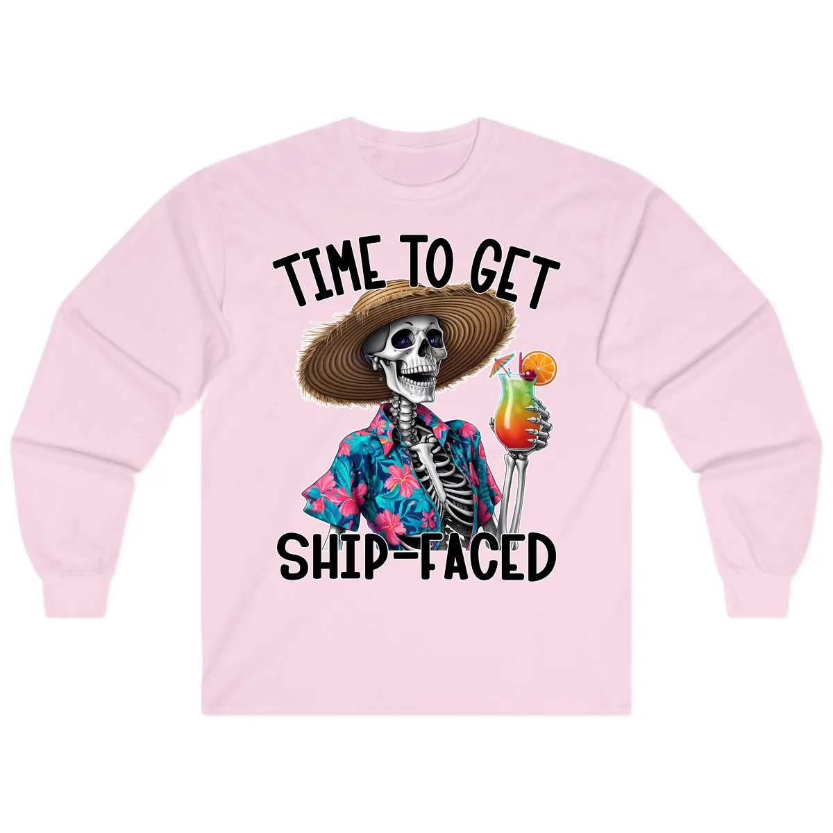 Time To Get Ship Faced Skeleton Long Sleeve in Light Pink
