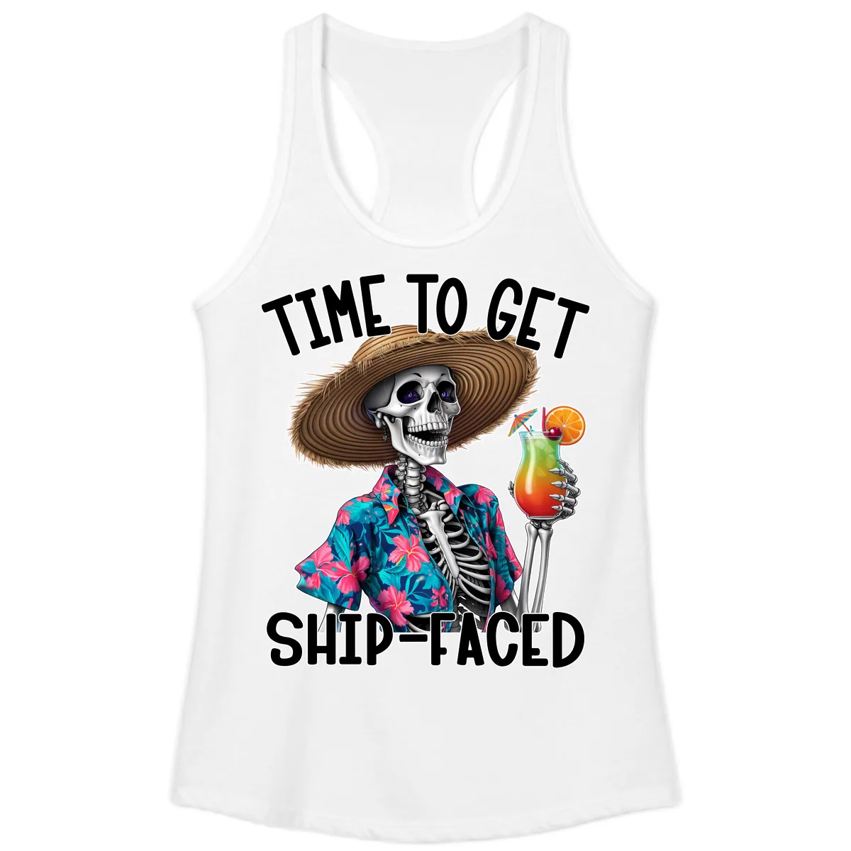 Time To Get Ship Faced Skeleton Ladies Tank in White