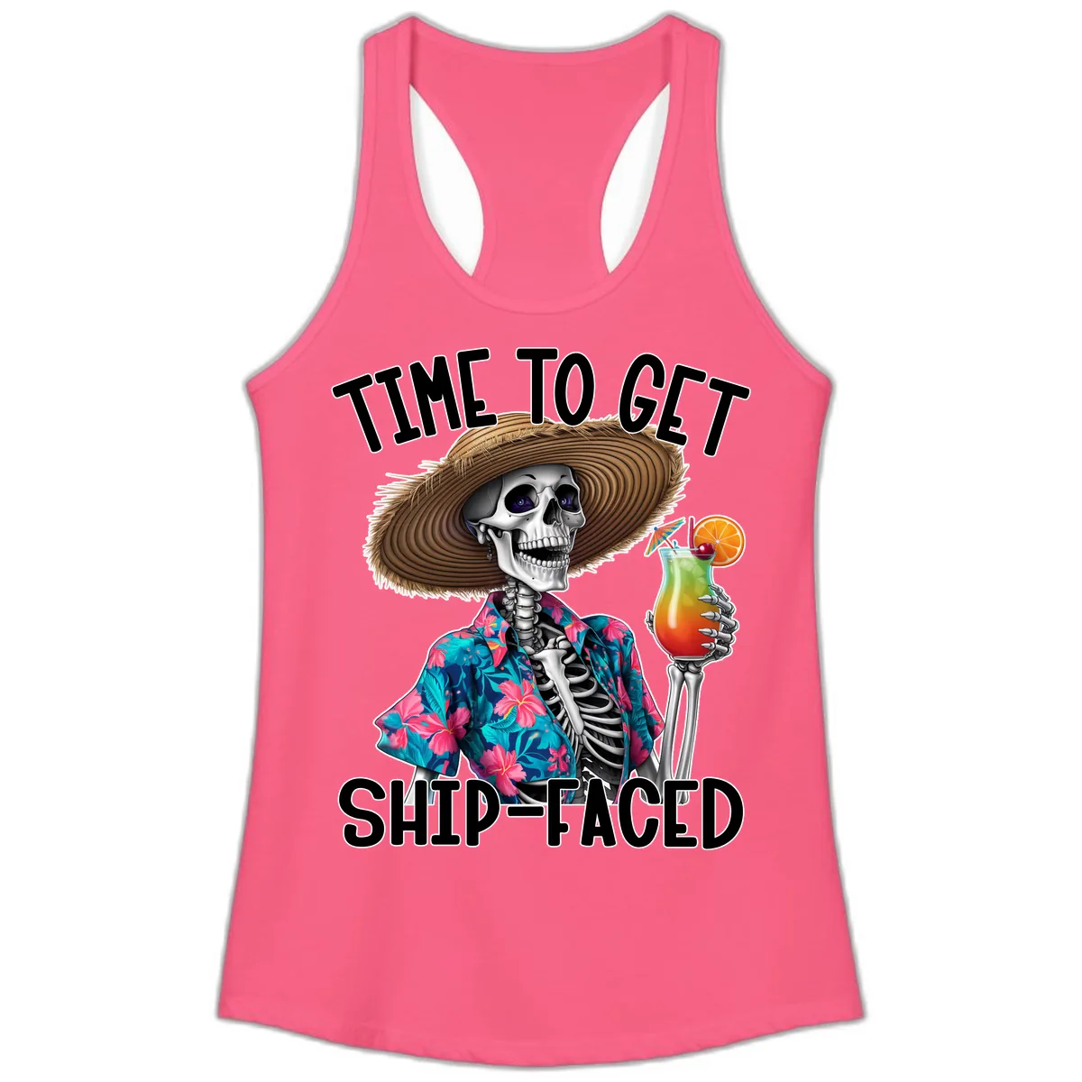 Time To Get Ship Faced Skeleton Ladies Tank in Solid Hot Pink