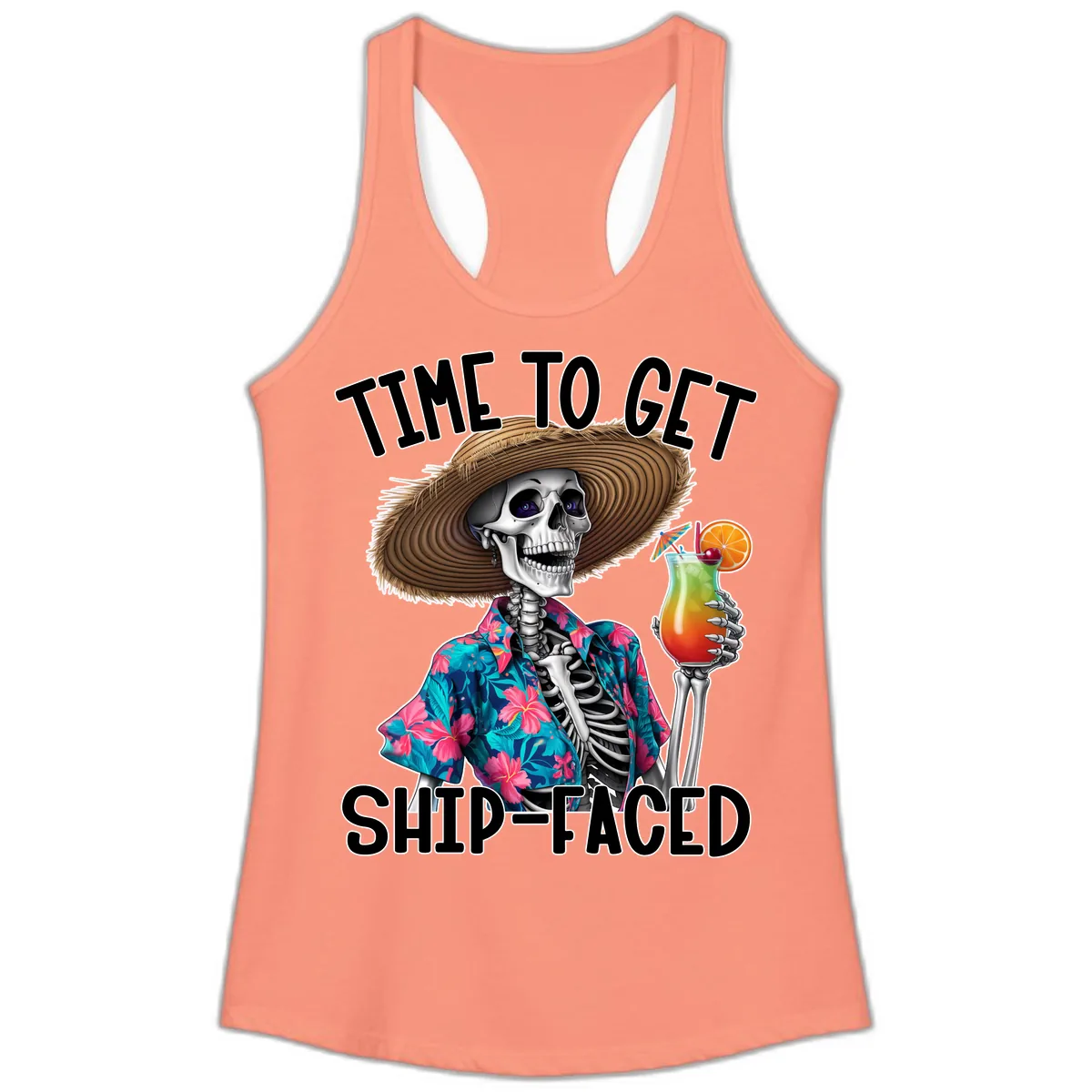 Time To Get Ship Faced Skeleton Ladies Tank in Solid Light Orange