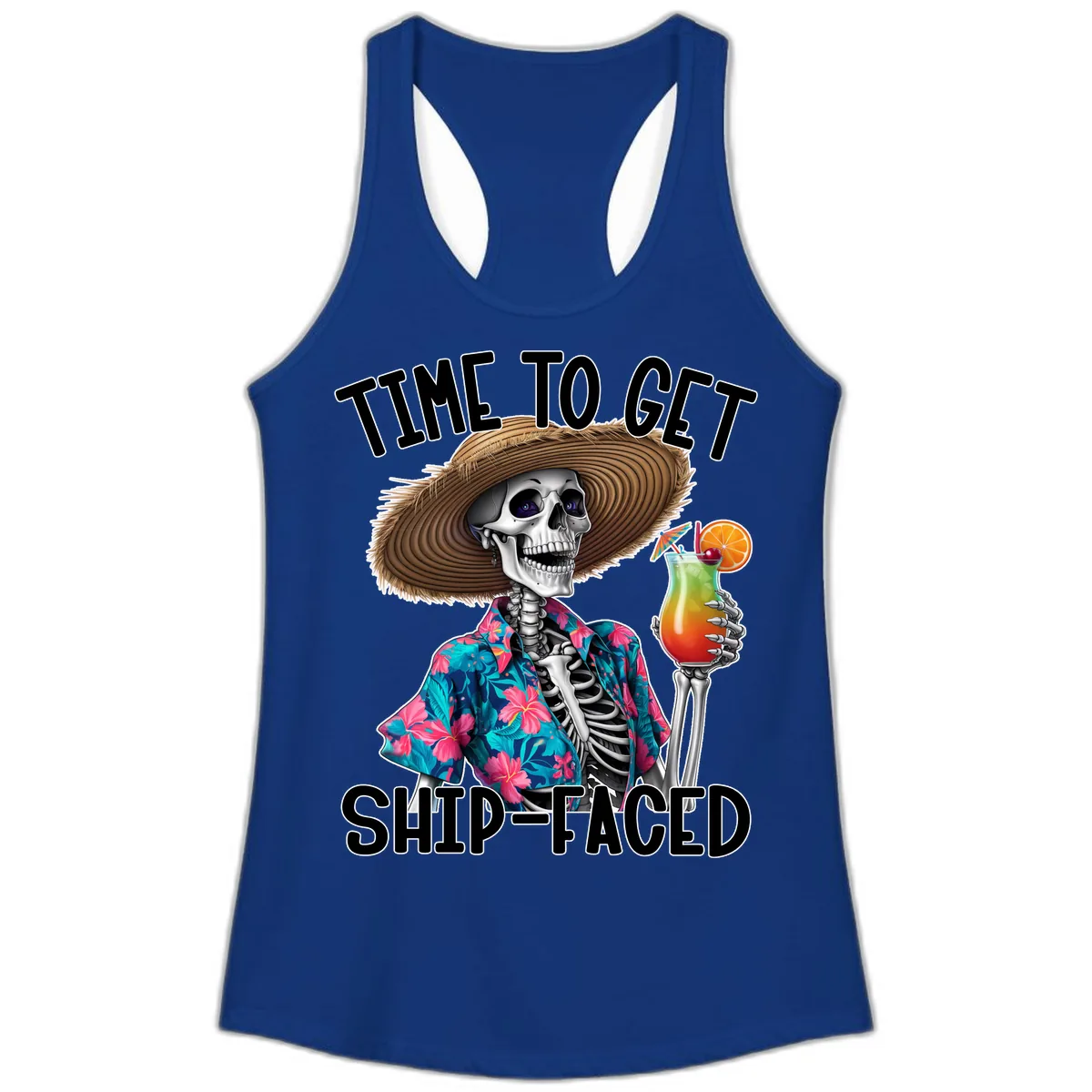 Time To Get Ship Faced Skeleton Ladies Tank in Solid Royal