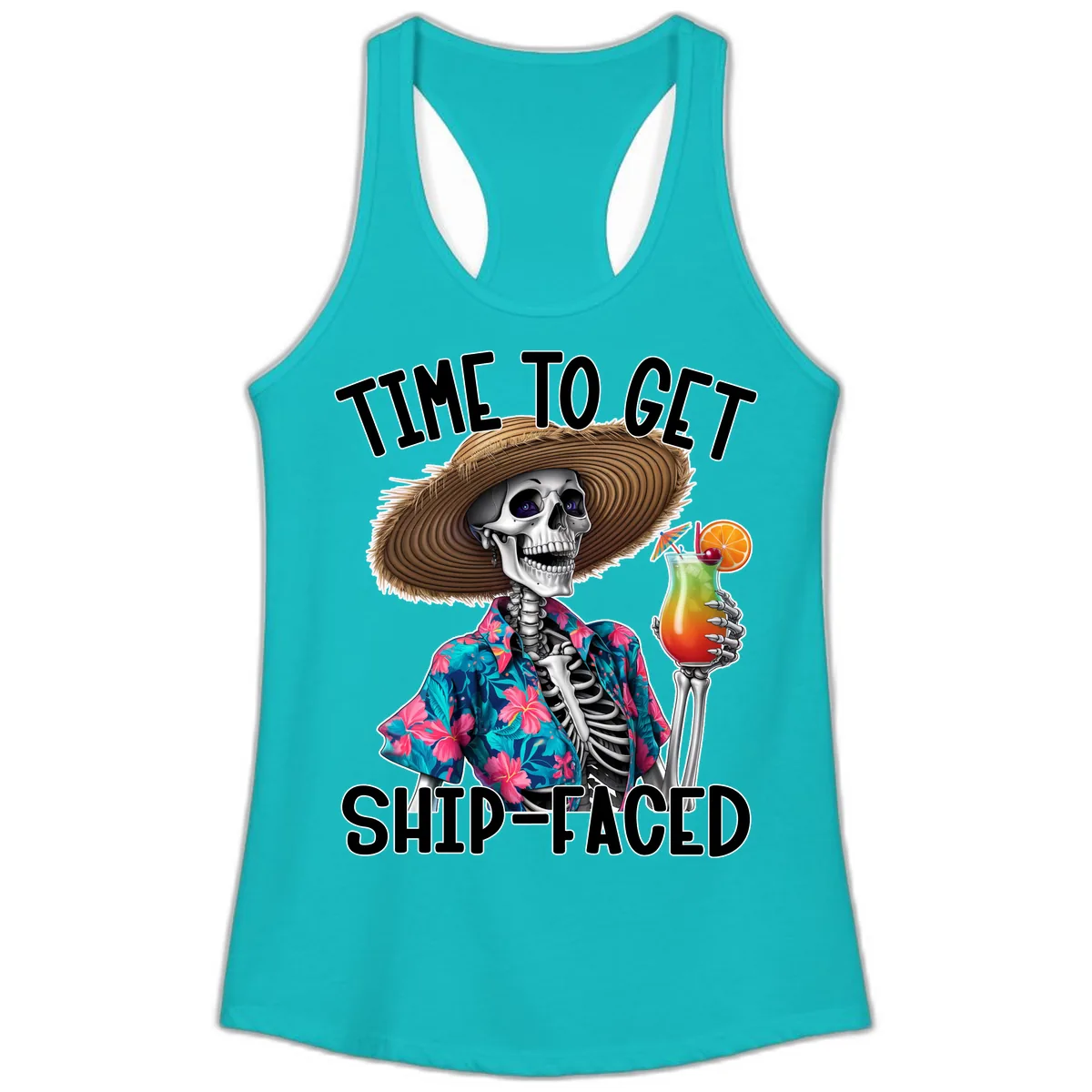 Time To Get Ship Faced Skeleton Ladies Tank in Tahiti Blue