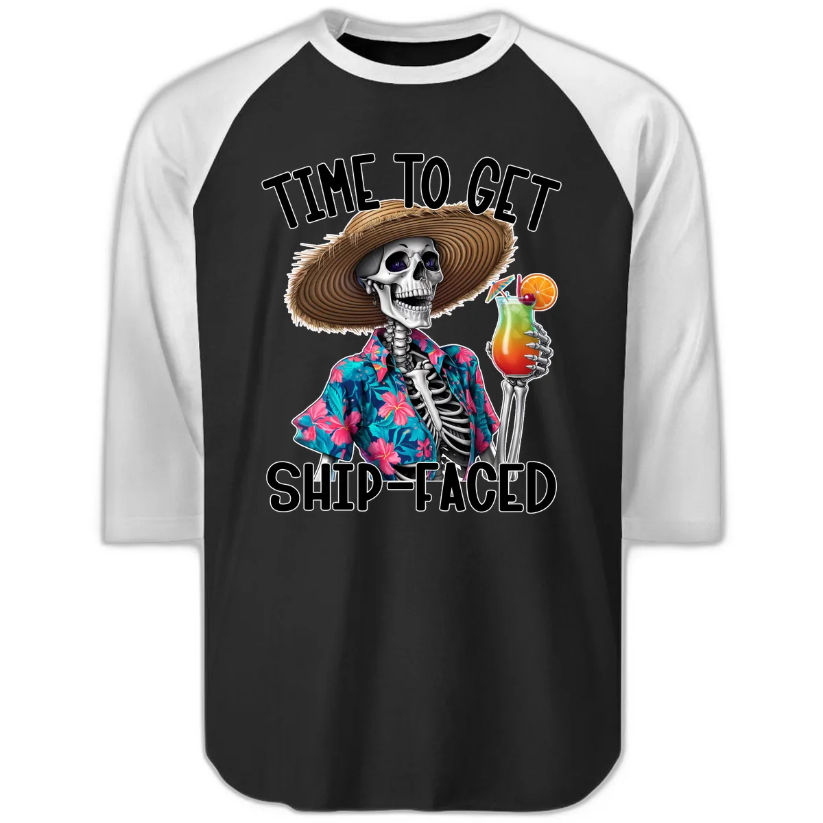Time To Get Ship Faced Skeleton Raglan 3/4 in Black White