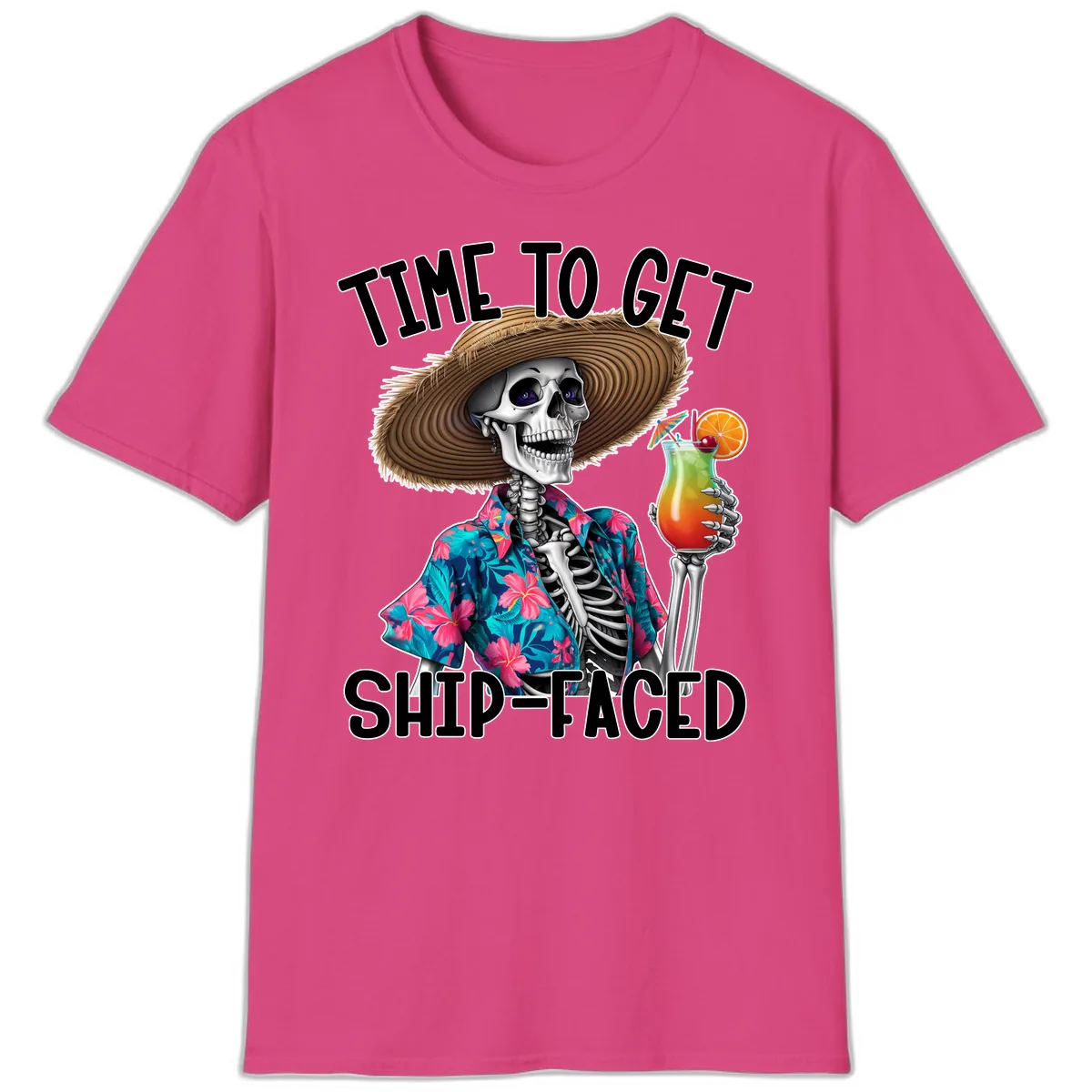 Time To Get Ship Faced Skeleton T-Shirt in Heliconia
