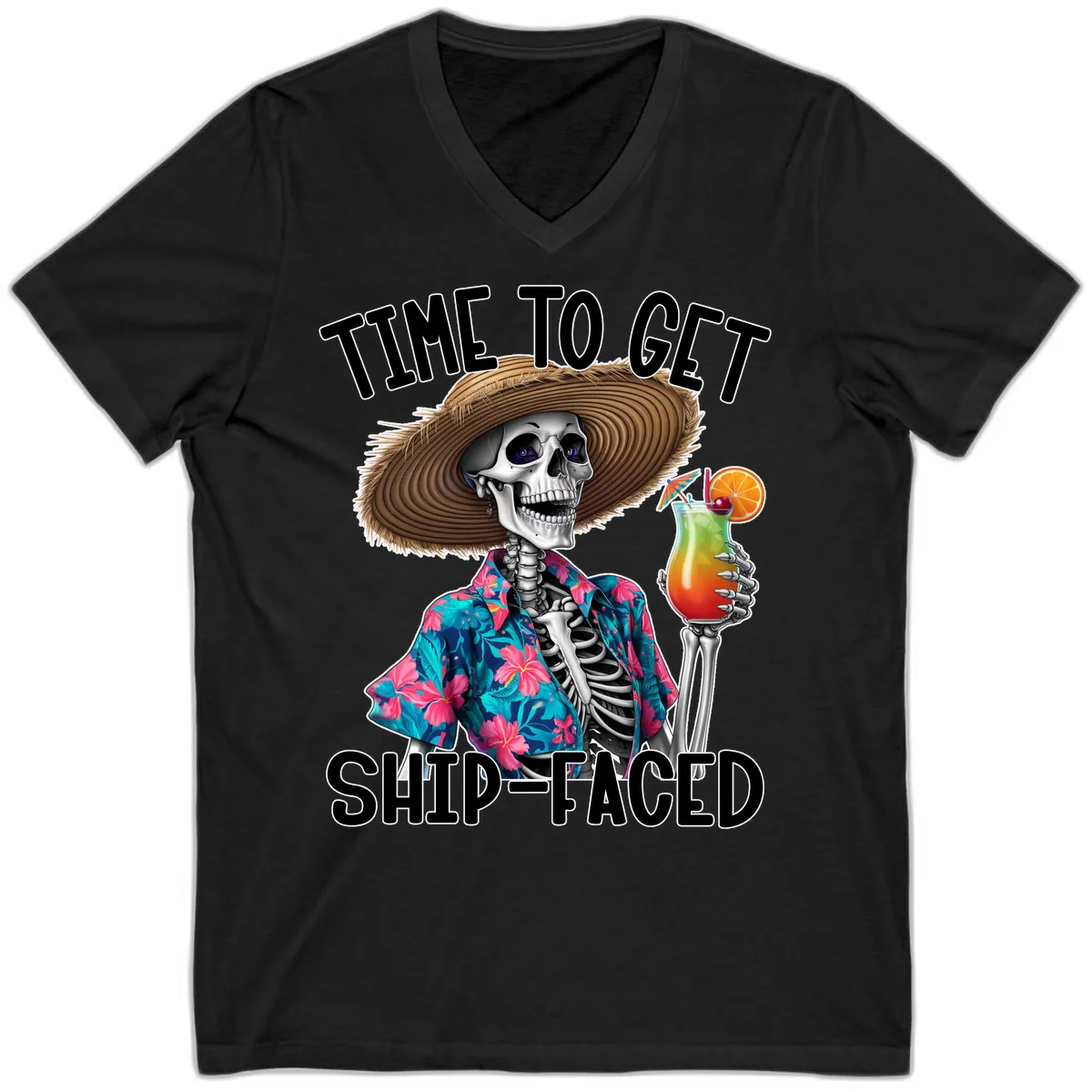 Time To Get Ship Faced Skeleton V-Neck in Black