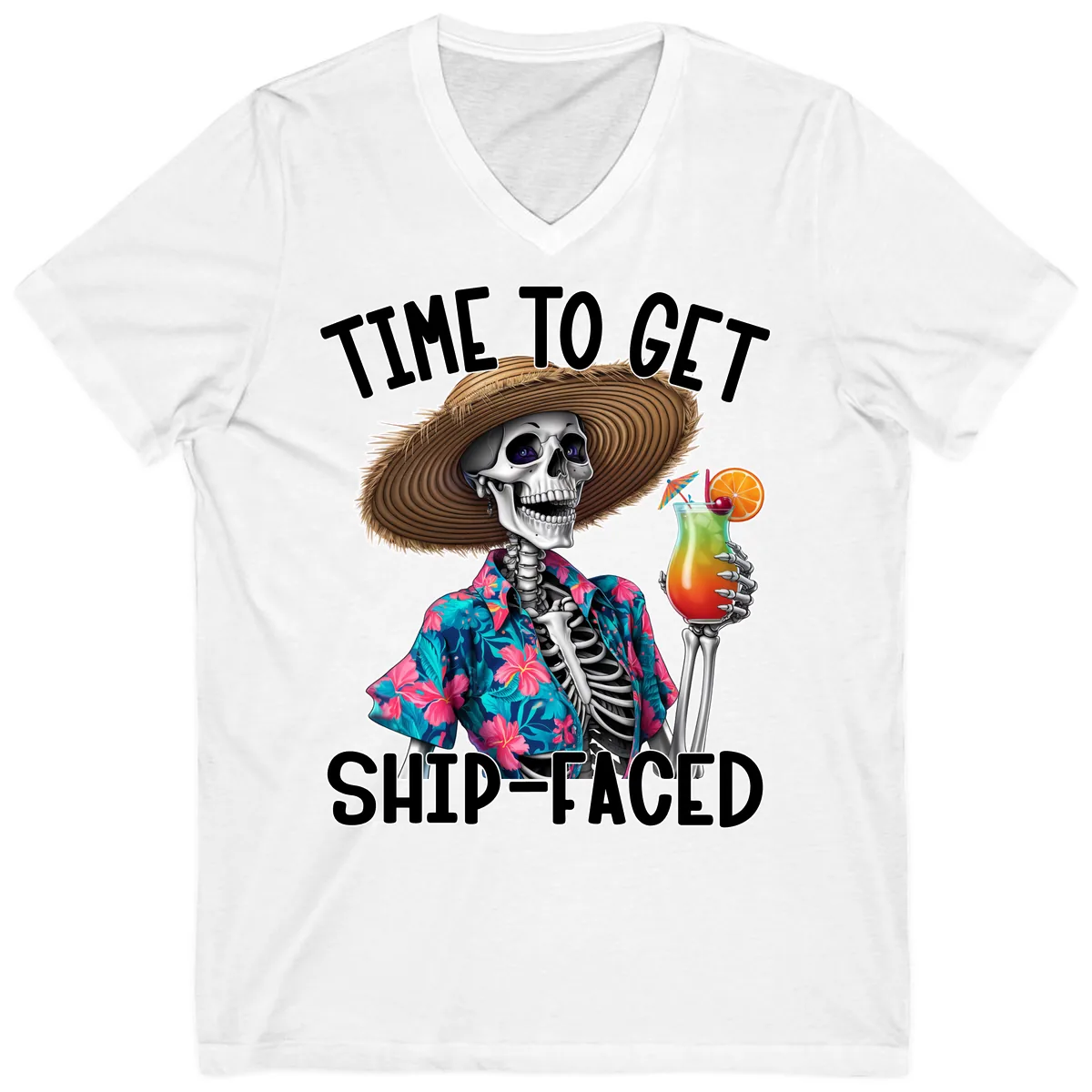 Time To Get Ship Faced Skeleton V-Neck in White