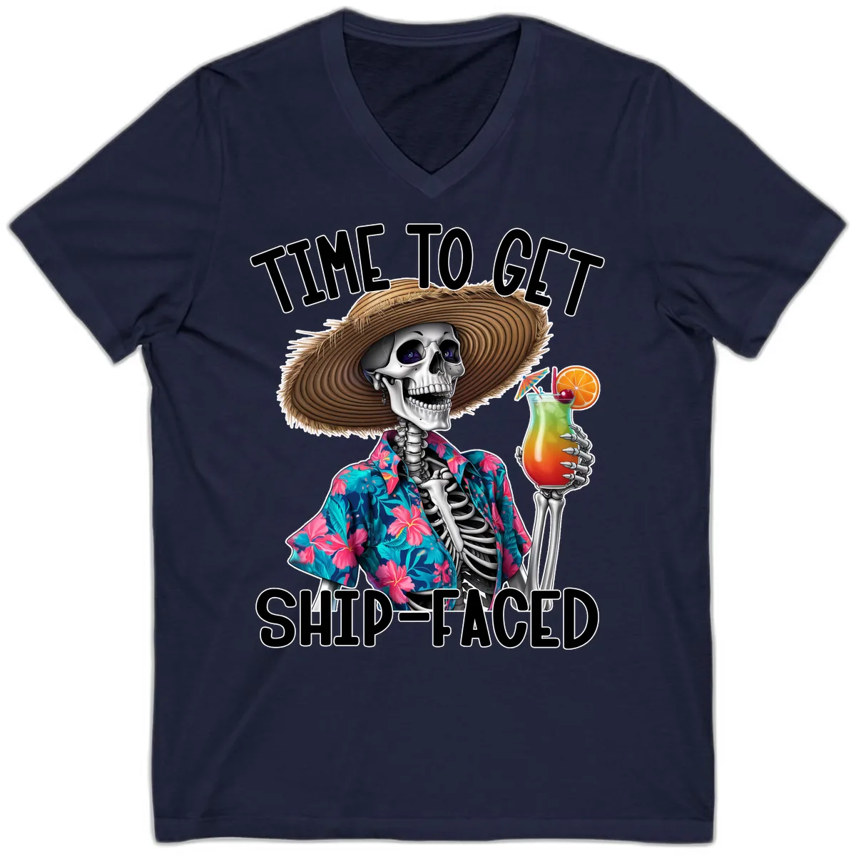 Time To Get Ship Faced Skeleton V-Neck in Navy