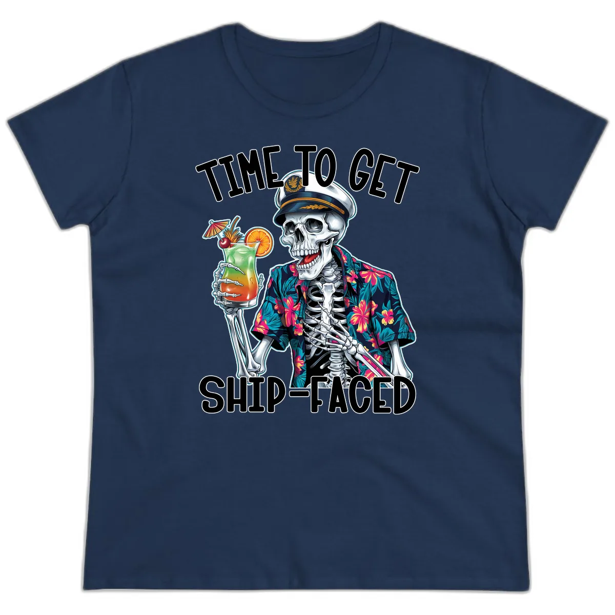 Time To Get Ship Faced Skeleton Ladies Tee in Navy