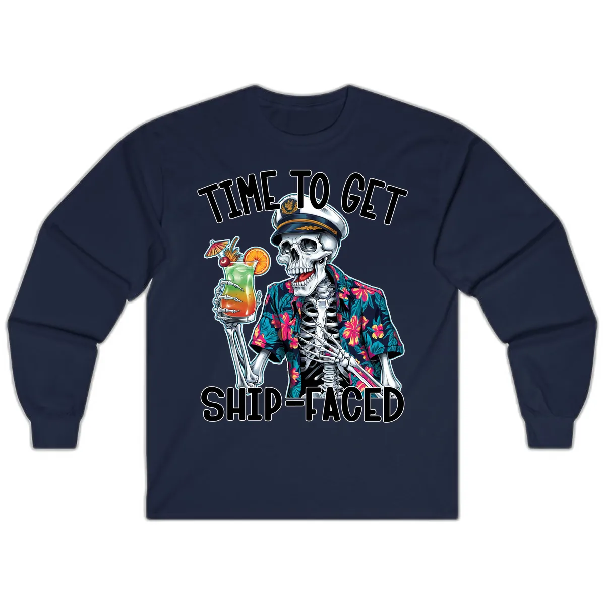 Time To Get Ship Faced Skeleton Long Sleeve in Navy