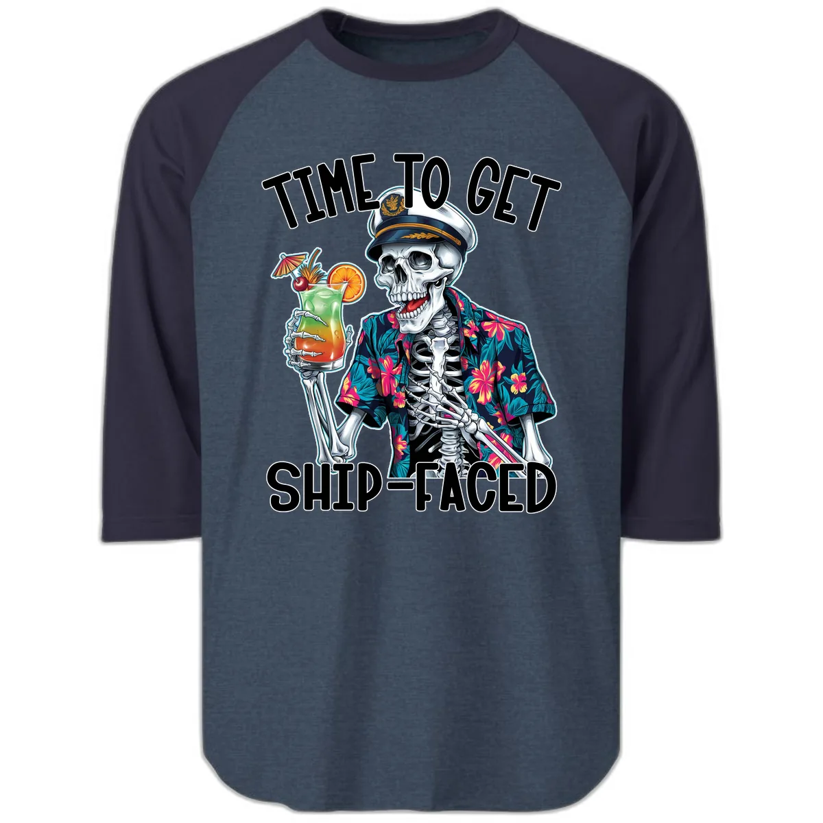 Time To Get Ship Faced Skeleton Raglan 3/4 in Heather Denim Navy