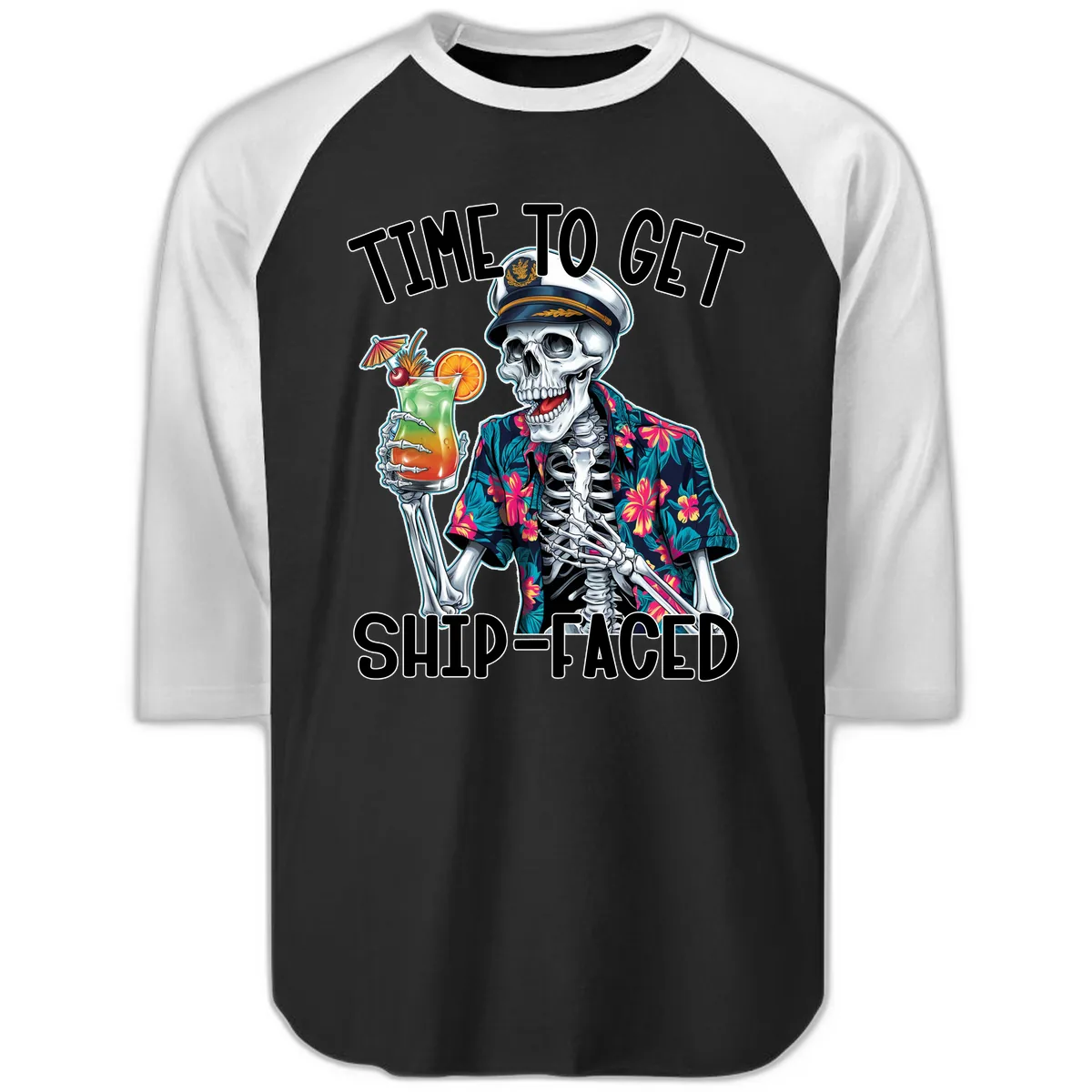 Time To Get Ship Faced Skeleton Raglan 3/4 in Black White