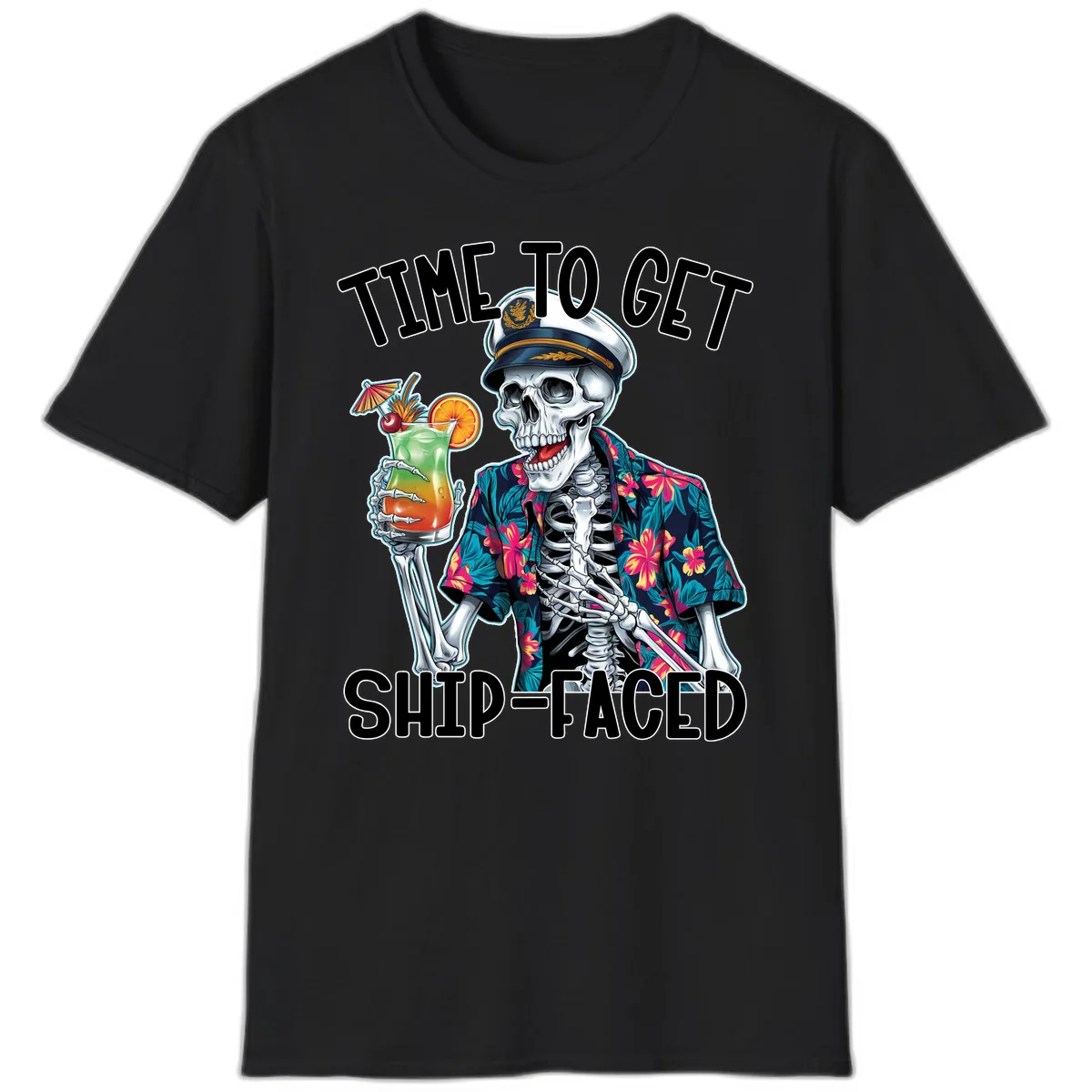 Time To Get Ship Faced Skeleton T-Shirt in Black