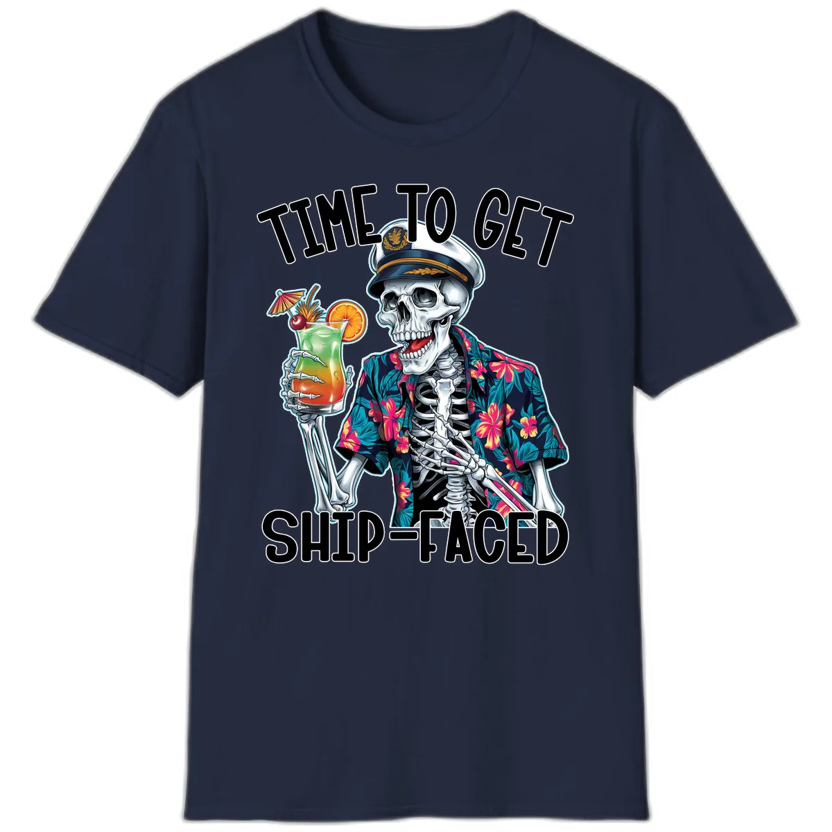 Time To Get Ship Faced Skeleton T-Shirt in Navy