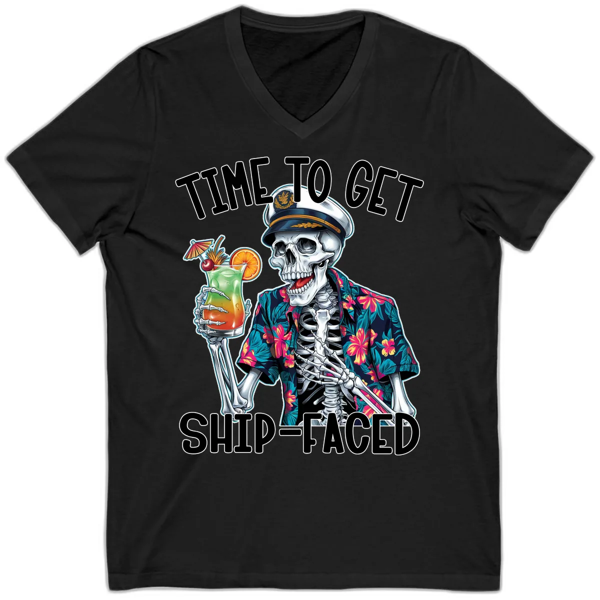 Time To Get Ship Faced Skeleton V-Neck in Black