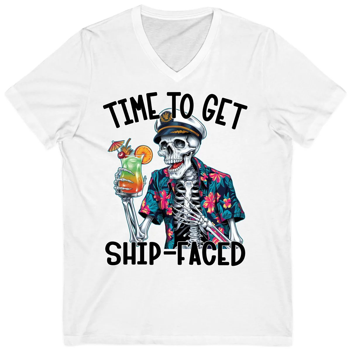 Time To Get Ship Faced Skeleton V-Neck in White