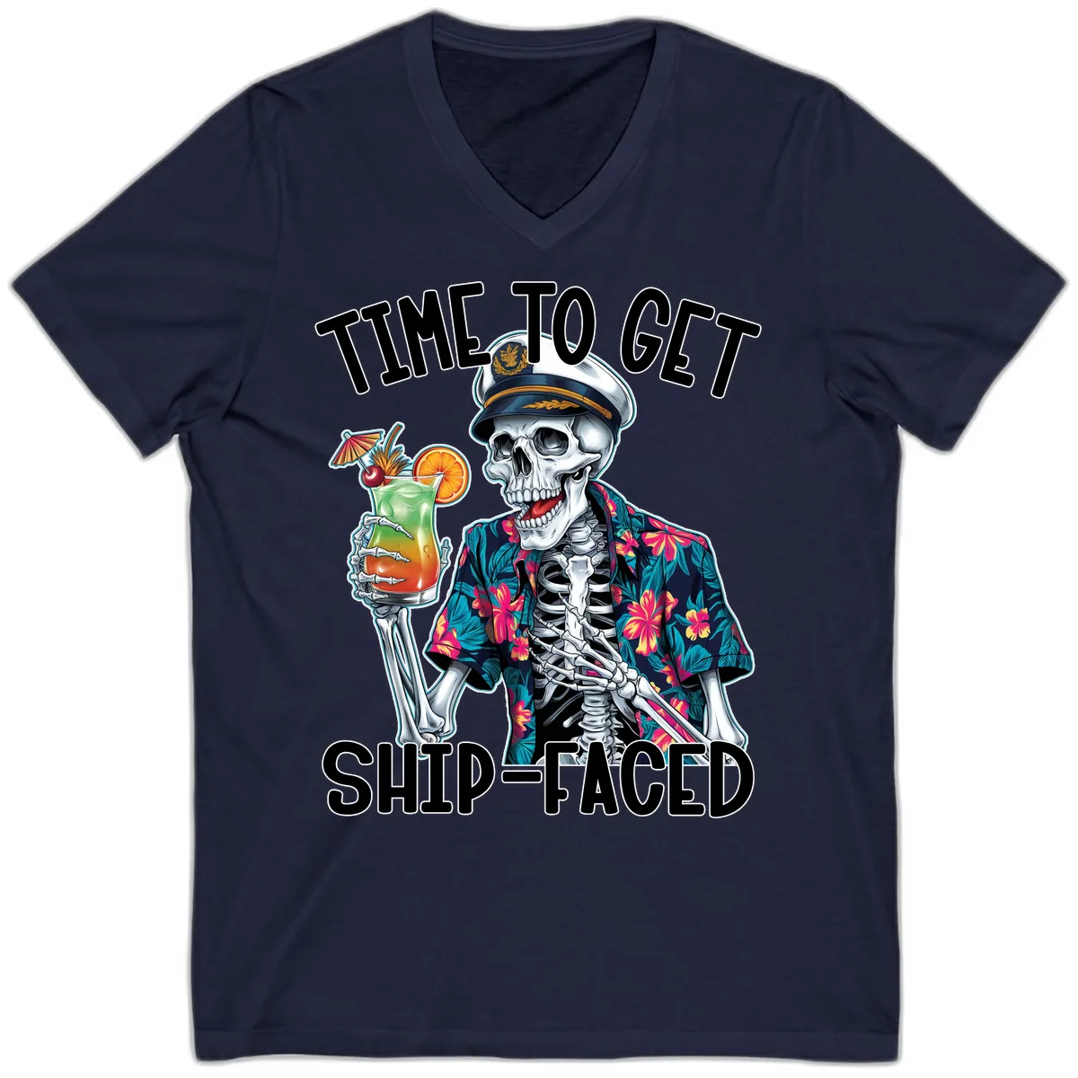 Time To Get Ship Faced Skeleton V-Neck in Navy