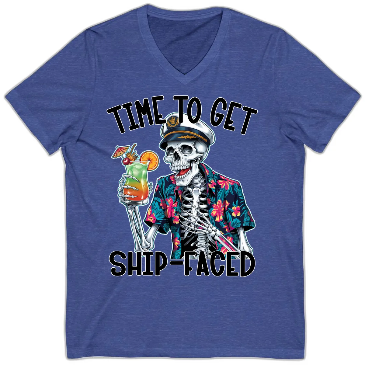 Time To Get Ship Faced Skeleton V-Neck in Heather True Royal