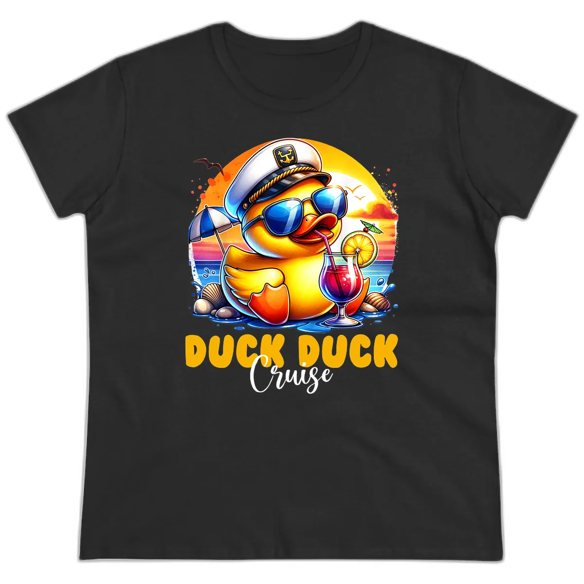 Captain Duck's Tropical Cruise Adventure Ladies Tee in Black