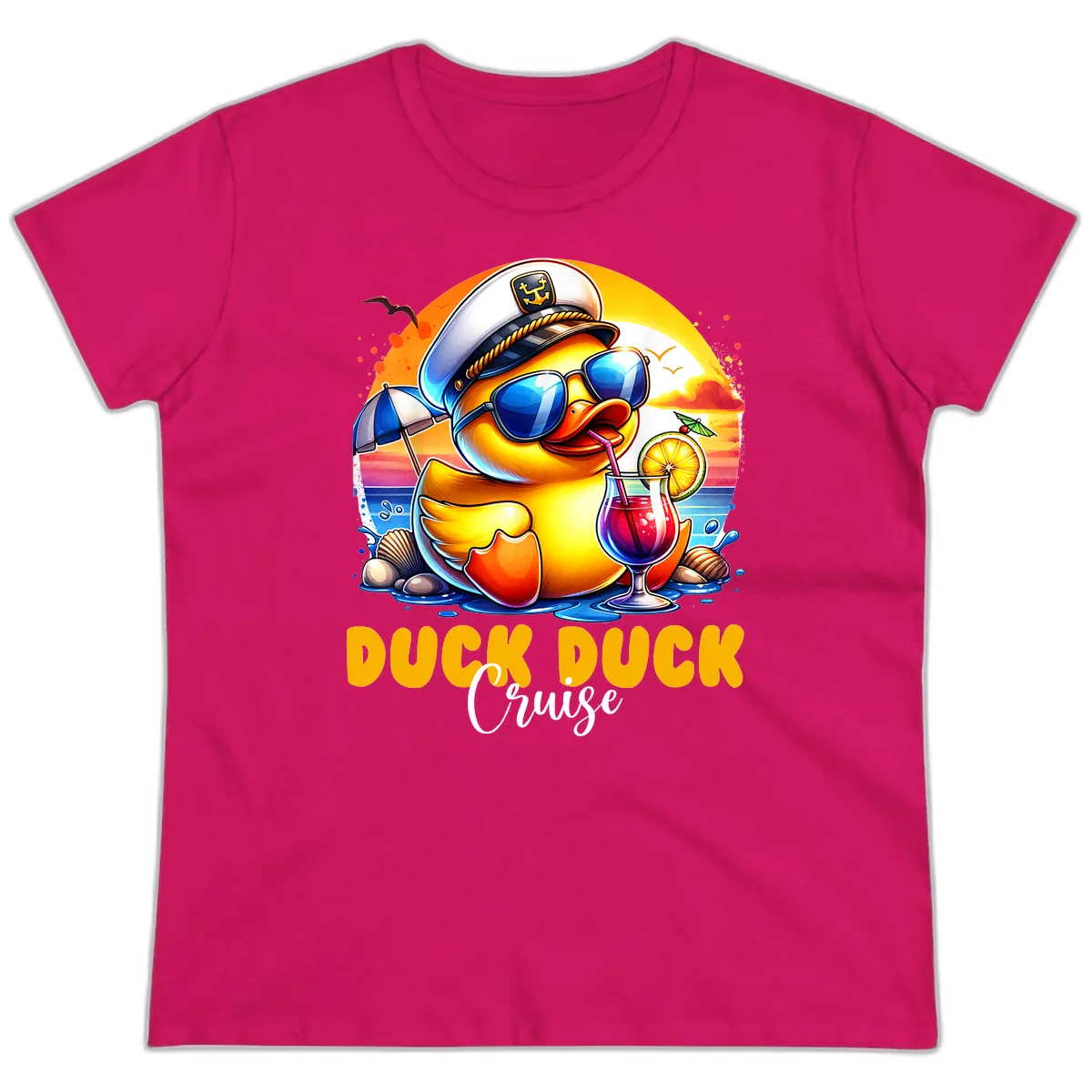 Captain Duck's Tropical Cruise Adventure Ladies Tee in Heliconia