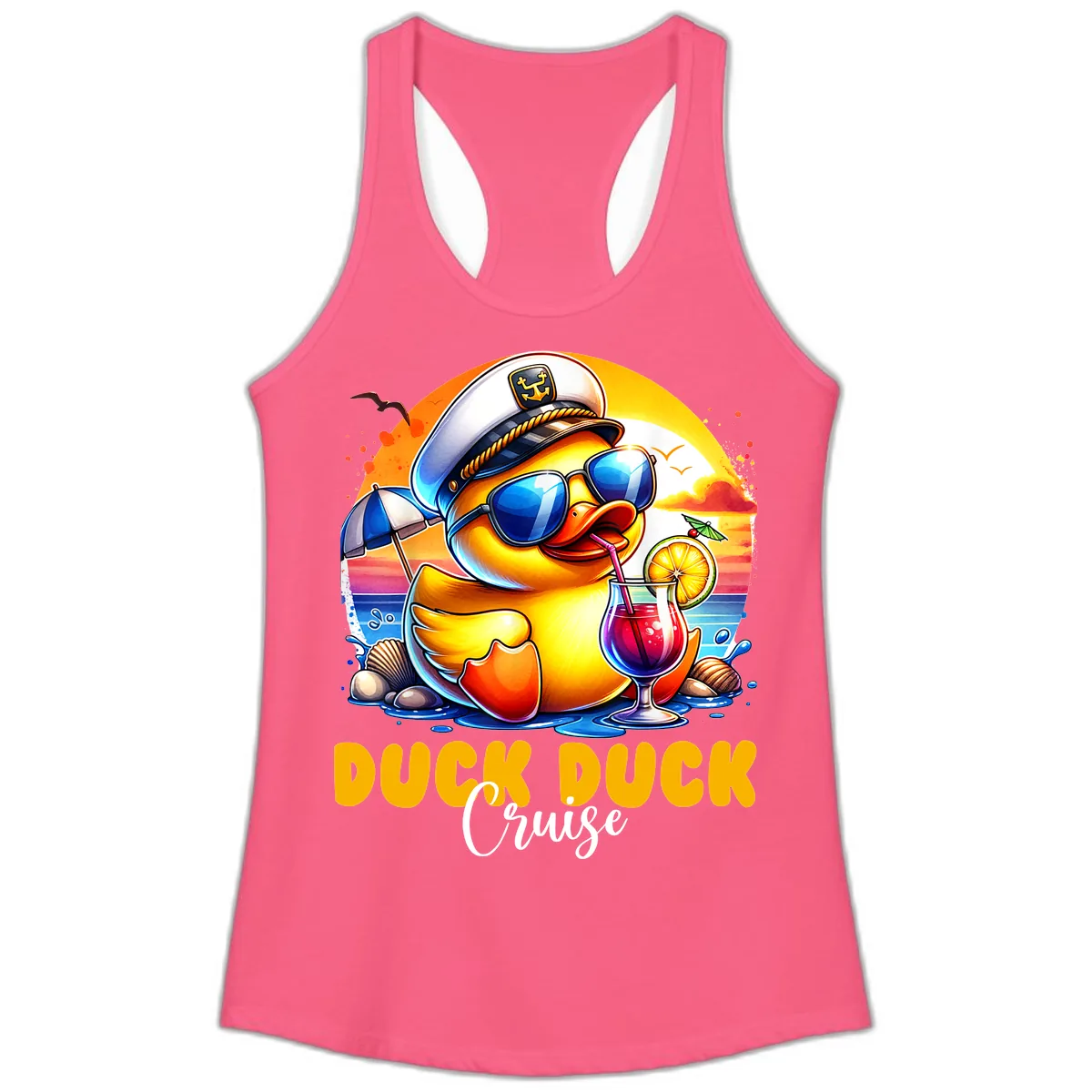 Captain Duck's Tropical Cruise Adventure Ladies Tank in Solid Hot Pink